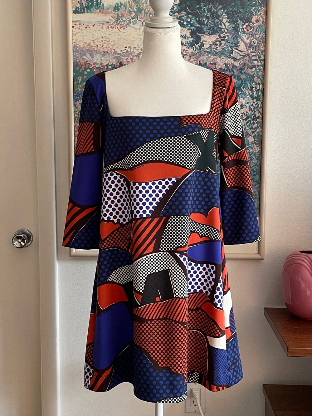 Miss Sixty Dress Medium Blue Mini Shift Pop Art Abstract Art to Wear Maximalist